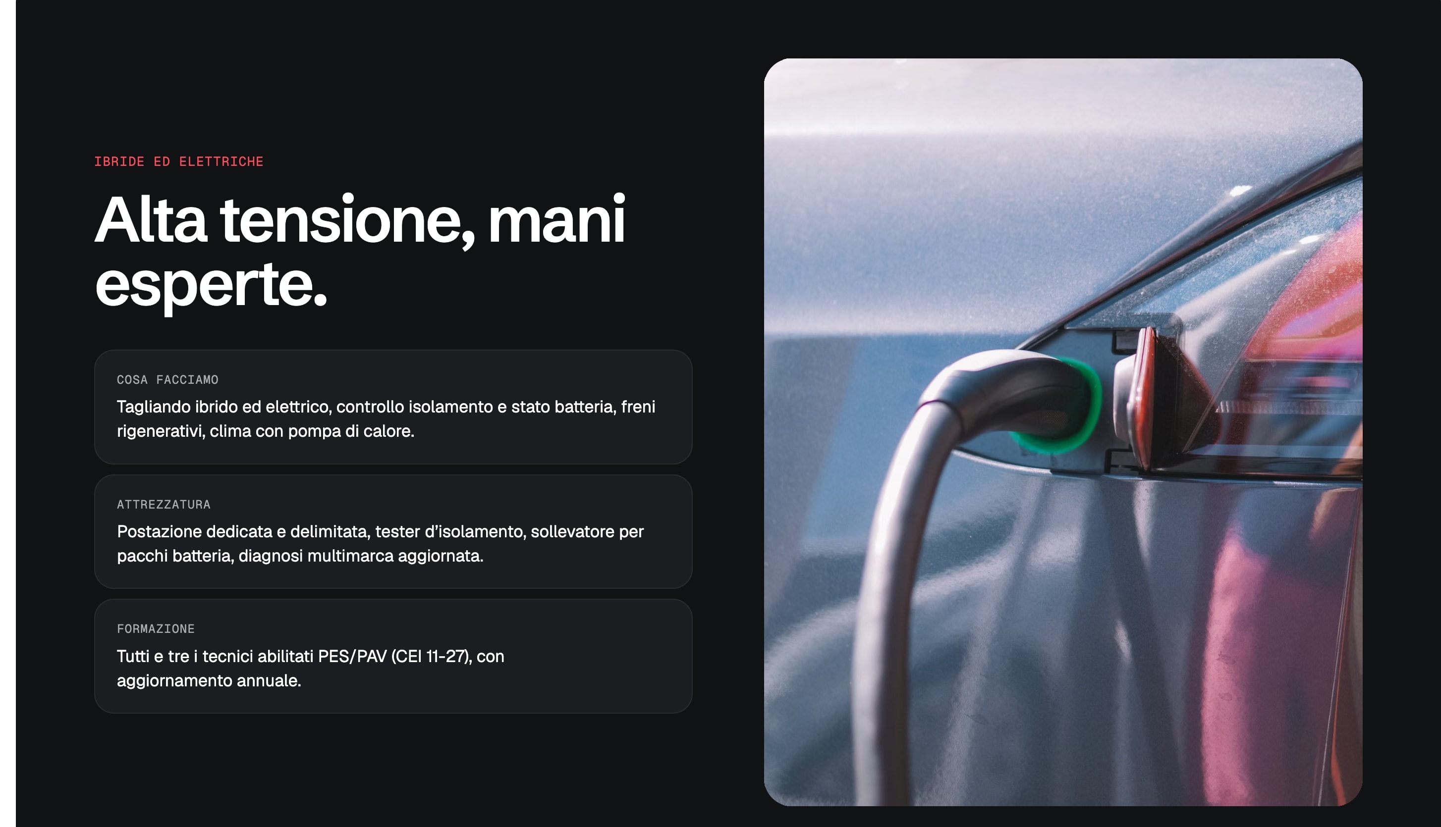 La sezione «Alta tensione, mani esperte.»: tre riquadri (cosa facciamo, attrezzatura, formazione) accanto alla foto di un'auto elettrica in carica.
