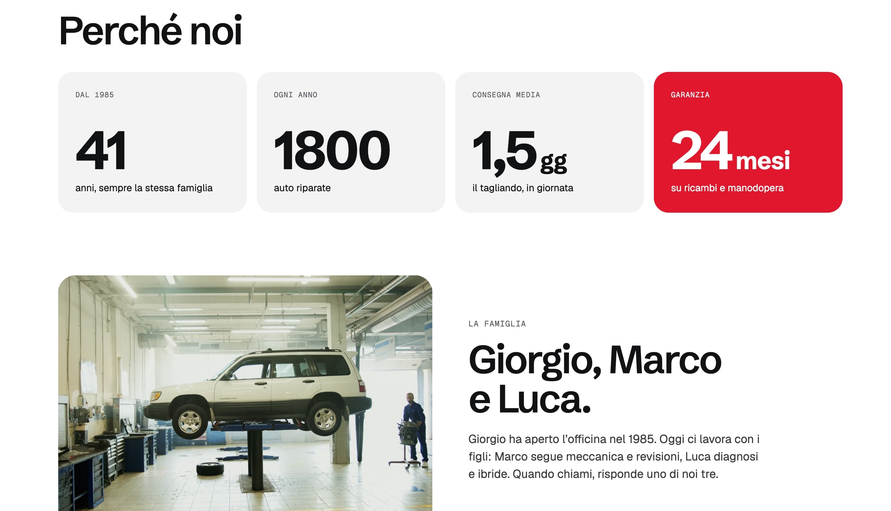 La sezione «Perché noi»: quattro riquadri con 41 anni, 1800 auto riparate ogni anno, 1,5 giorni di consegna media e 24 mesi di garanzia; sotto la foto dell'officina con un'auto sul ponte e il titolo «Giorgio, Marco e Luca.».
