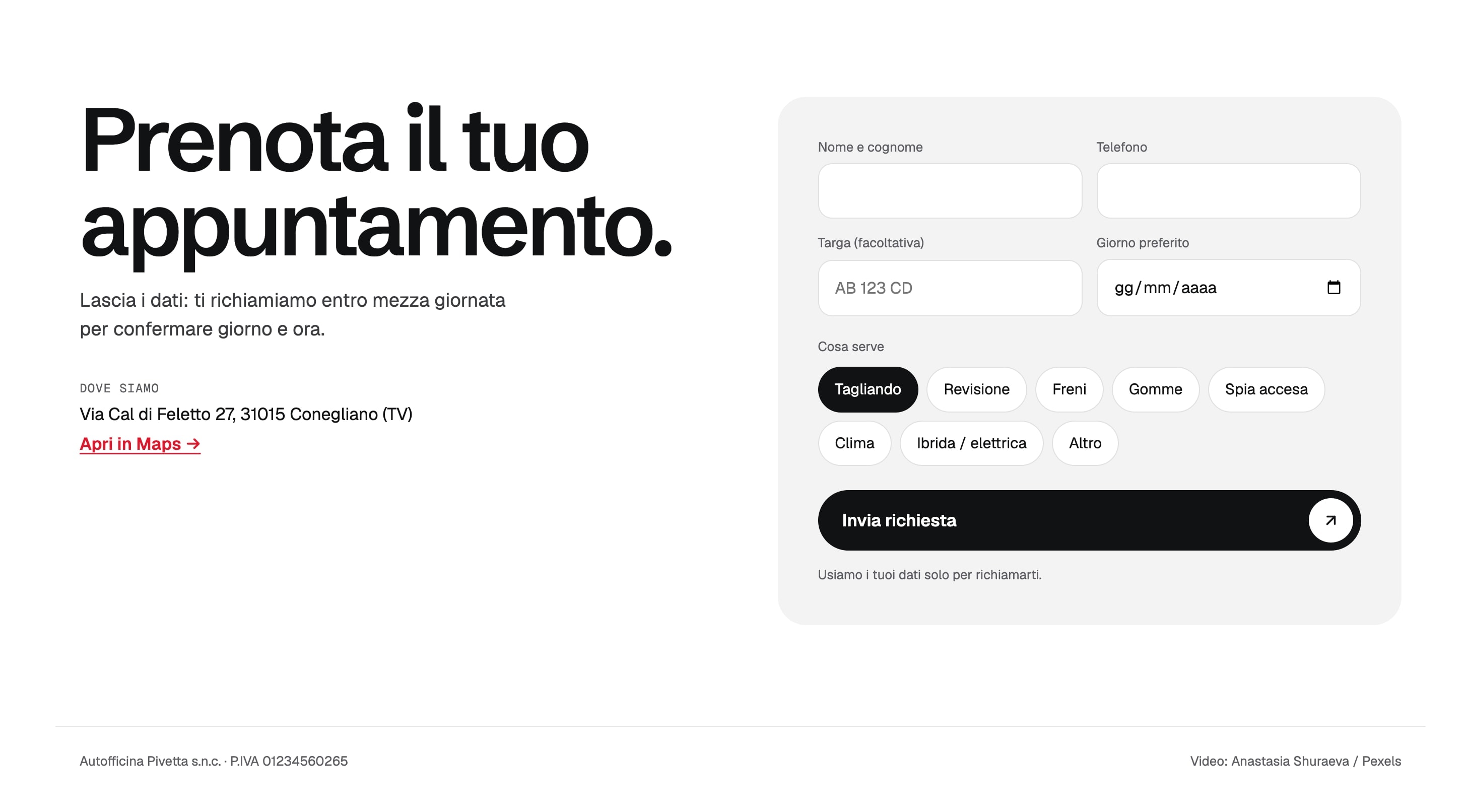 La sezione «Prenota il tuo appuntamento.»: a sinistra l'indirizzo a Conegliano con «Apri in Maps», a destra il modulo con nome, telefono, targa, giorno preferito, le scelte a pulsanti e il bottone «Invia richiesta».