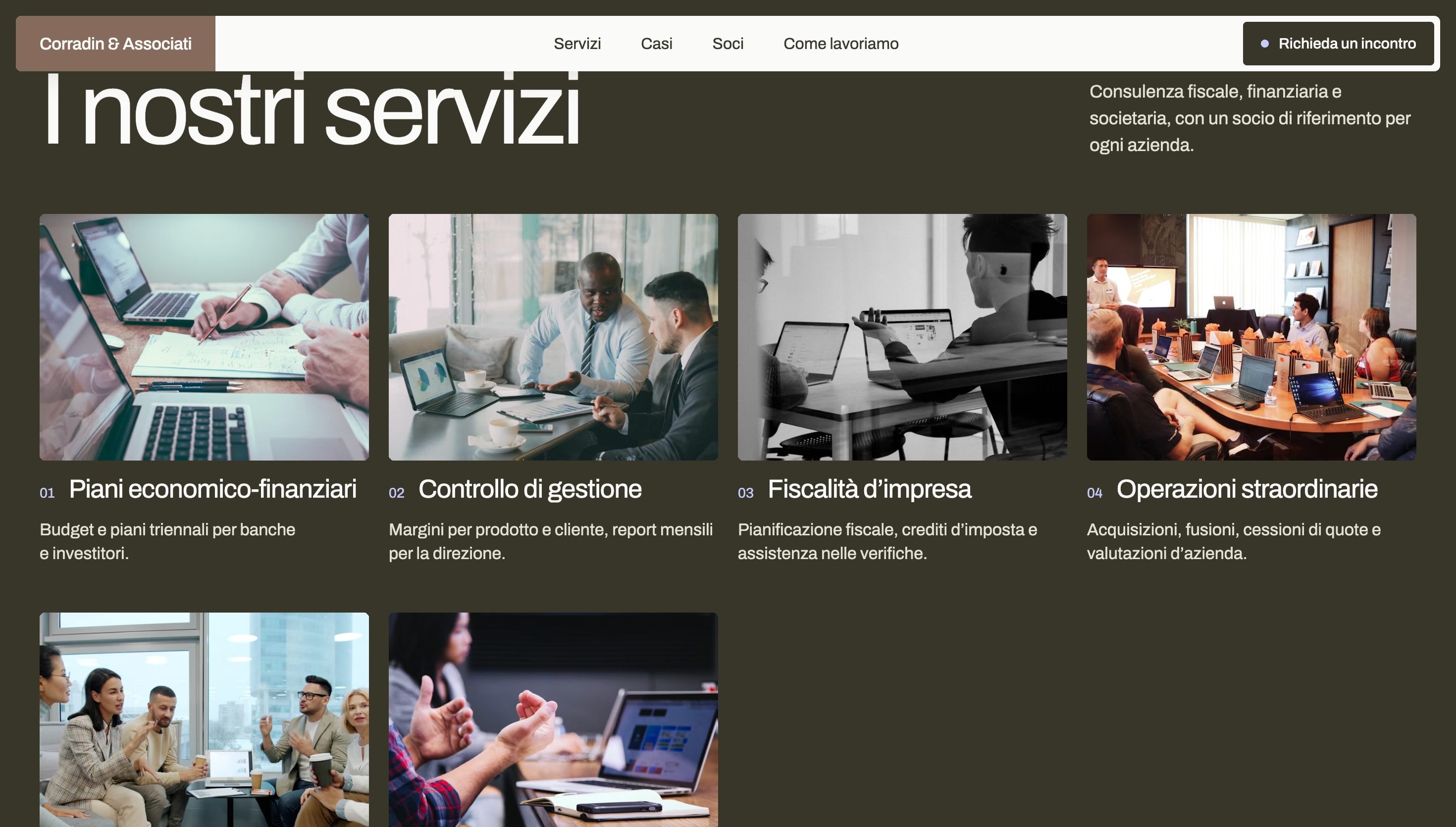 La sezione «I nostri servizi»: sei foto di riunioni e scrivanie, quattro con titolo e descrizione (piani economico-finanziari, controllo di gestione, fiscalità d'impresa, operazioni straordinarie).