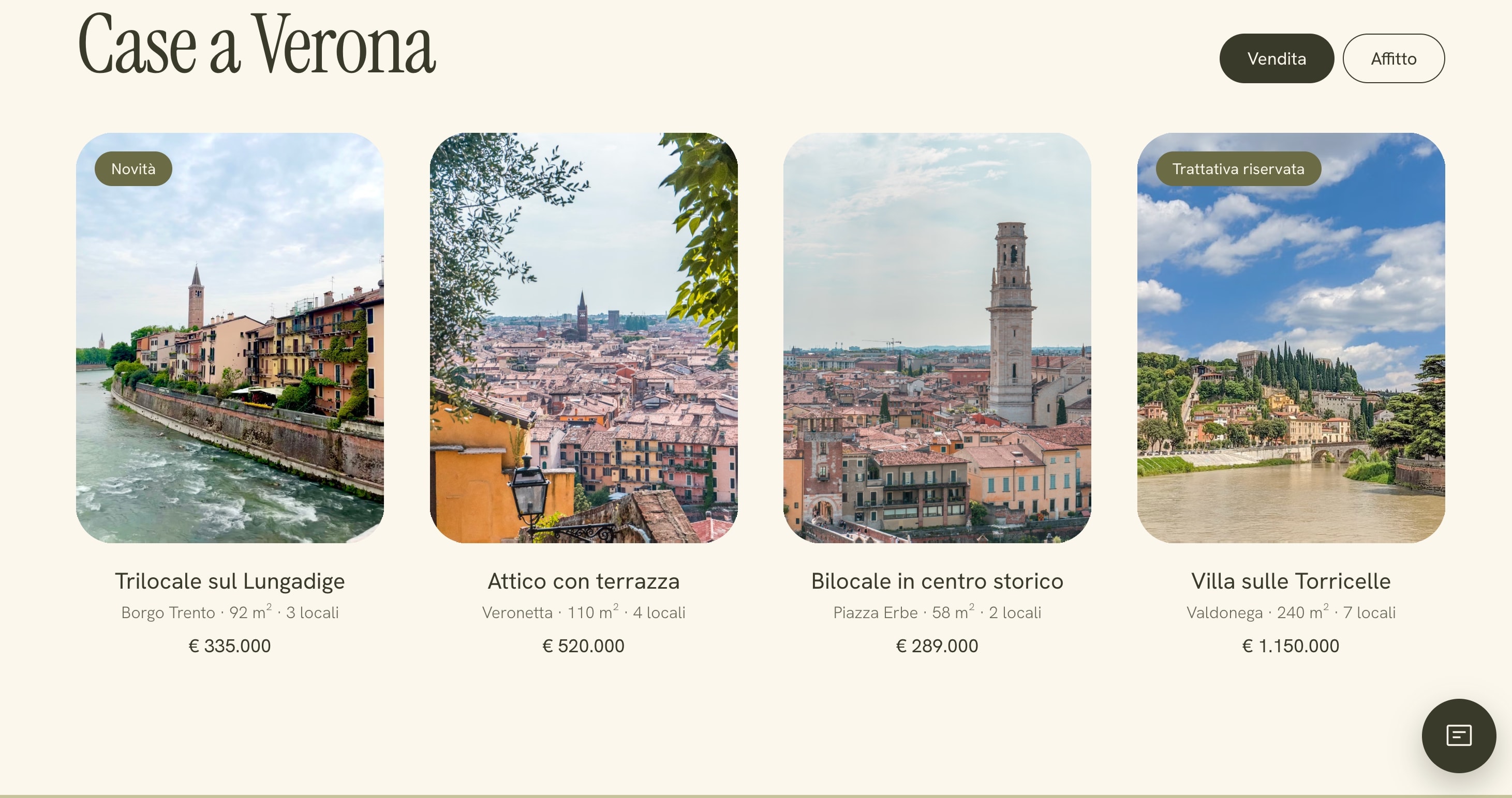 La sezione «Case a Verona»: i bottoni Vendita e Affitto e quattro case, ognuna con la foto, il nome, la zona, i metri quadri, i locali e il prezzo.