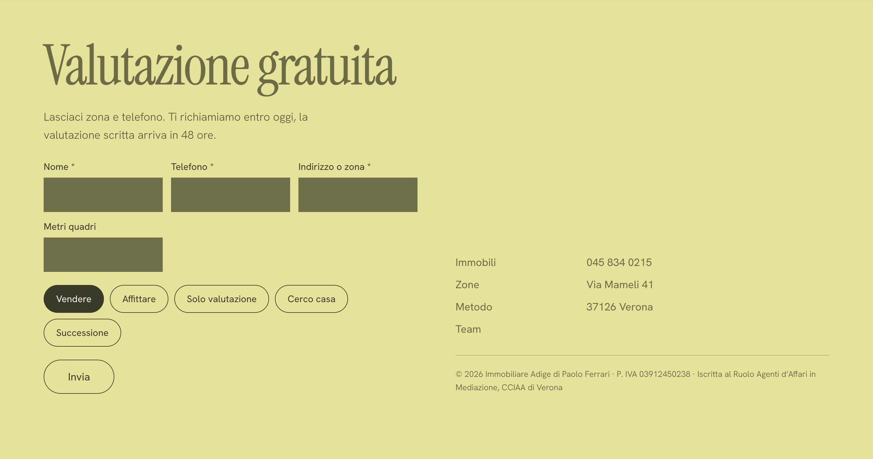 La sezione «Valutazione gratuita»: il modulo con nome, telefono, indirizzo e metri quadri, le scelte a pulsanti (vendere, affittare, solo valutazione, cerco casa, successione) e a destra i contatti dell'agenzia.