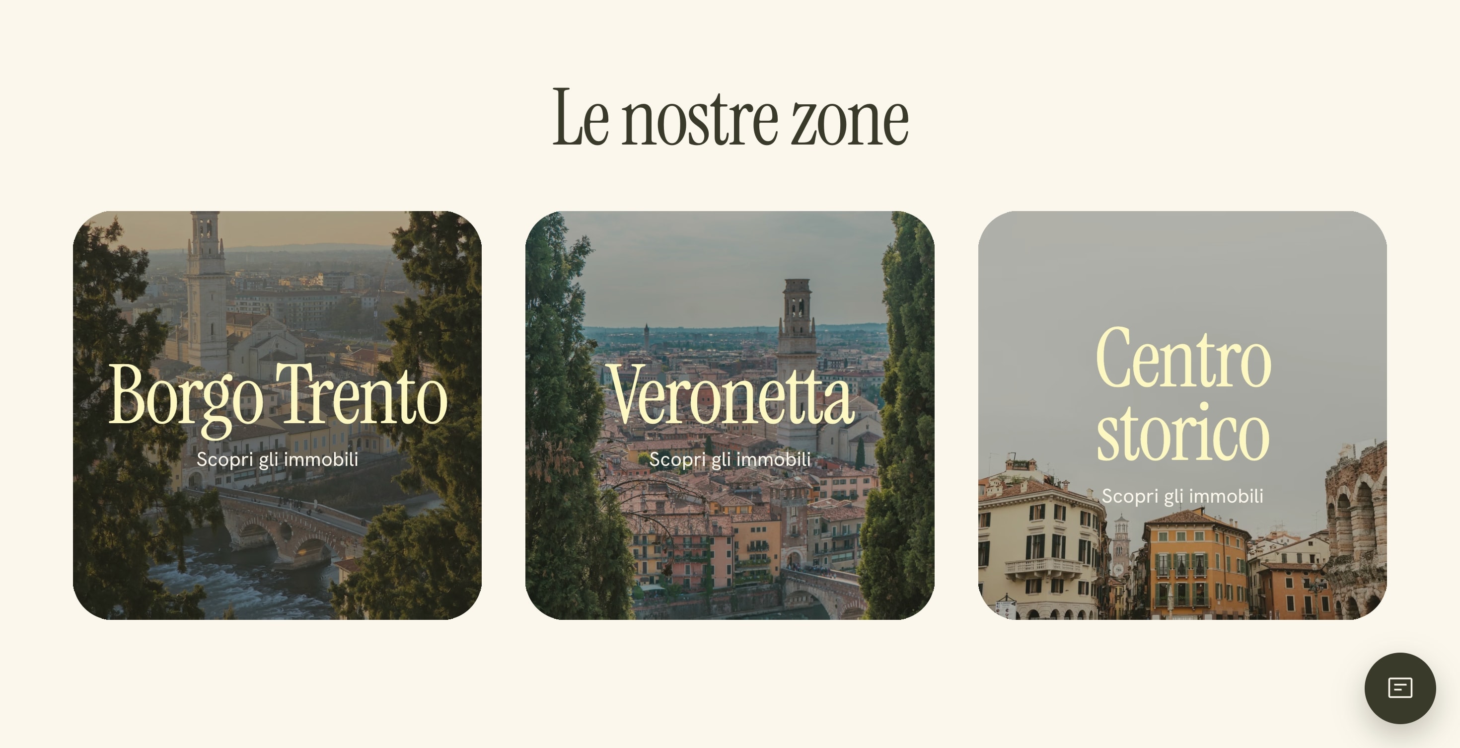 La sezione «Le nostre zone»: tre schede con le foto di Borgo Trento, Veronetta e del centro storico, ognuna con «Scopri gli immobili».