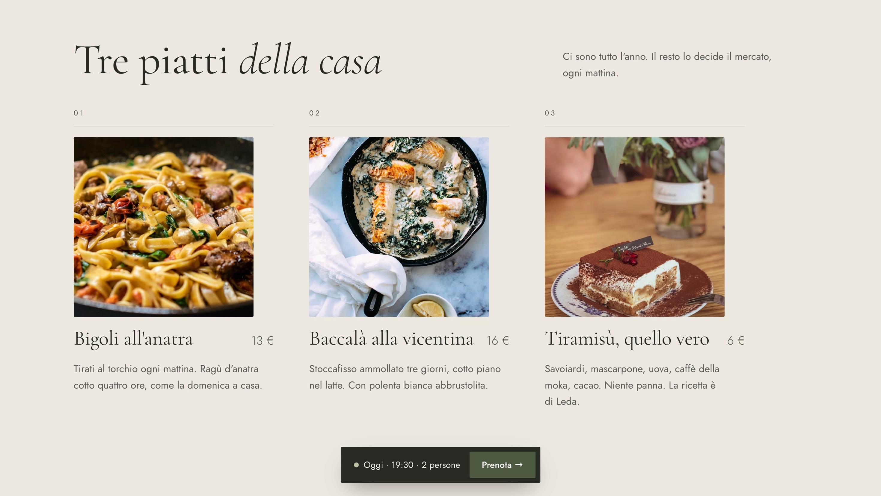 La sezione «Tre piatti della casa»: bigoli all'anatra, baccalà alla vicentina e tiramisù, ognuno con foto, prezzo e due righe di descrizione.