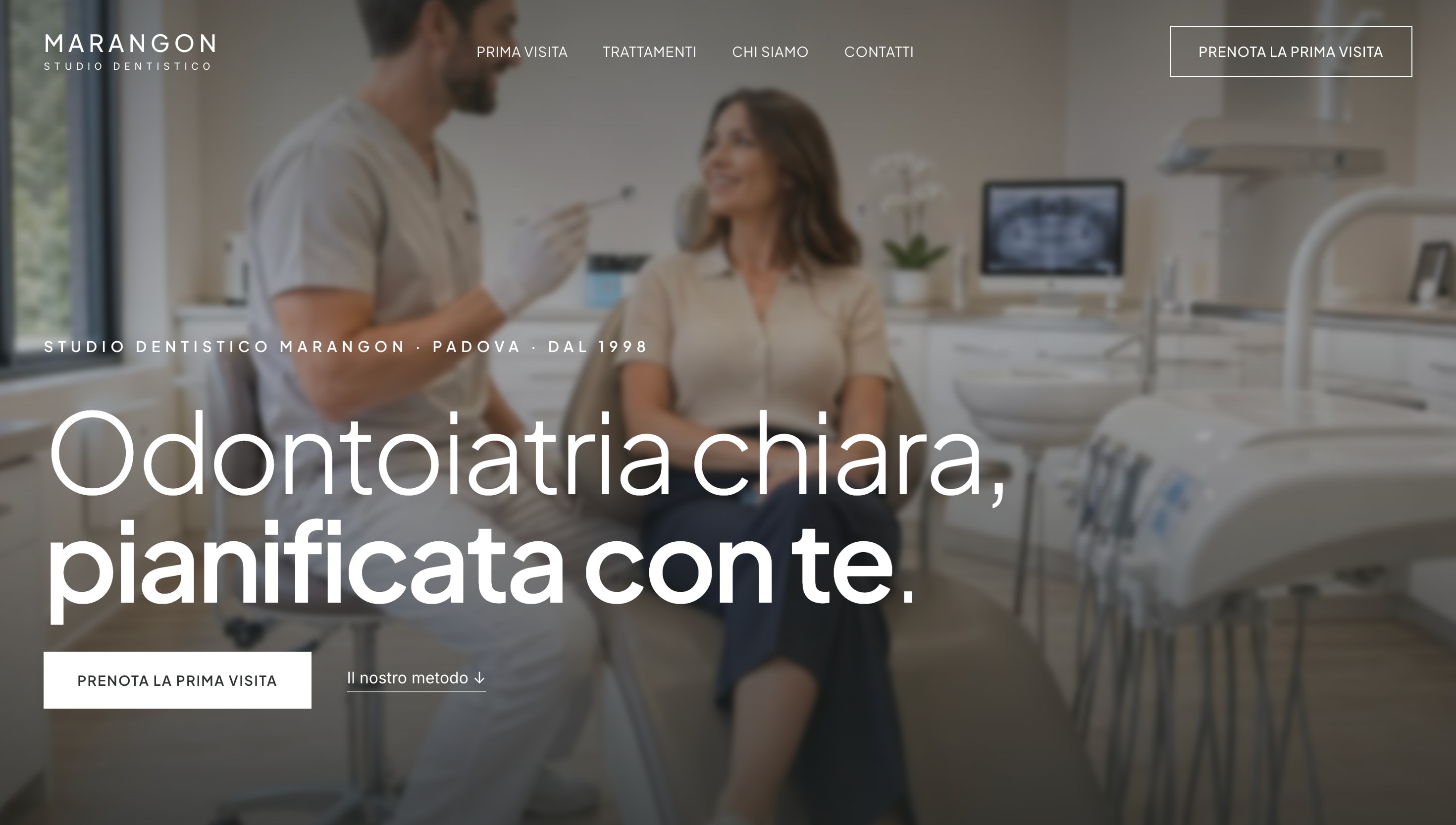 La home dello Studio Dentistico Marangon: il titolo «Odontoiatria chiara, pianificata con te.» sopra la foto di un dentista che parla con una paziente, e il bottone «Prenota la prima visita».
